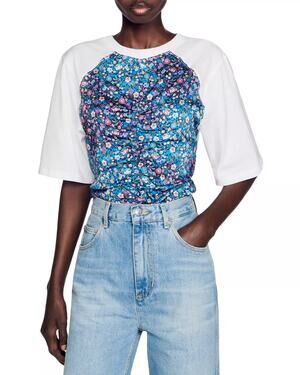 Sandro Lutetia Floral Print Mixed Media Top Open Back Tie Ruched Satin Blouse